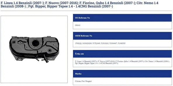 BENZIN DEPOSU FİAT LINEA FIORINO NEMO BIPPER 1.4 BENZINLI 07> NUOVO 07>16 QUBO 07> ürün görseli 1