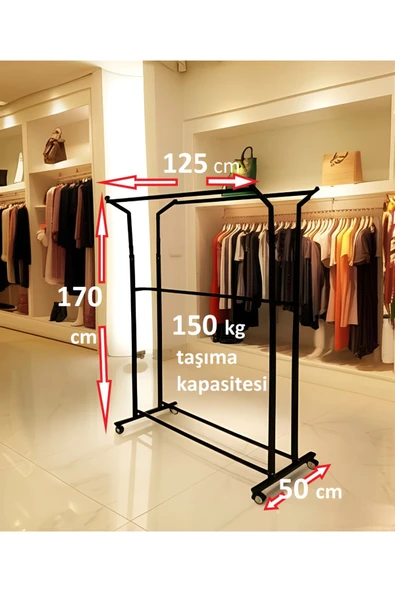 HOMEBELLA Premium 170 cm Çelik Konfeksiyon 125 cm En Elbise Askılık Tekerlekli Demonte Eşek Portmanto ürün görseli 1