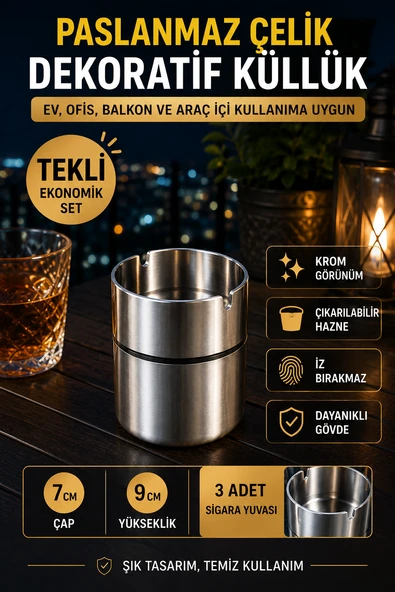 Paslanmaz Çelik Masa Tipi Küllük Dekoratif Krom Küllük Ev Ofis Araç İçi Kullanım 9 Cm ürün görseli 1