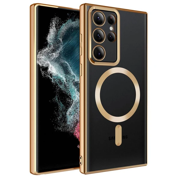 Zore Galaxy S22 Ultra ile Uyumlu Kılıf M-safe Şarj Özellikli Setro Silikon Kapak Gold ürün görseli 1
