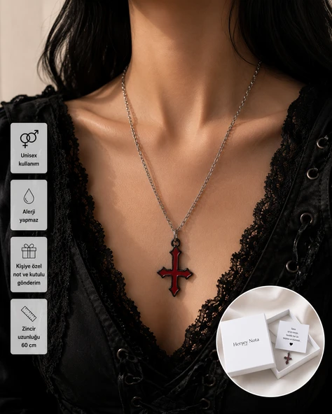 Kırmızı Siyah Gotik Haç Kolye – Alternatif Stil Unisex Zincir Kolye ürün görseli 1