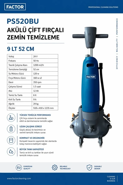 Factor PS520BU Akülü Çift fırça  Zemin temizleme  9 L 52CM ürün görseli 1