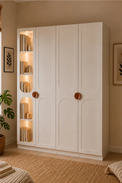 Gardırop, Sardes Kitaplıklı Led Aydınlatmalı 4 Kapılı Dolap ürün görseli 1