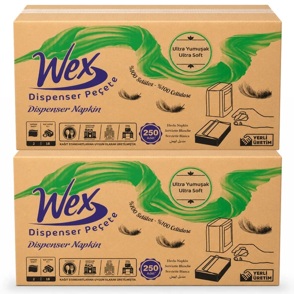 Wex Dispenser Peçete 2 Koli Toplam 36 Paket, 250 Yaprak, 2 Katlı, %100 Selüloz ürün görseli 1