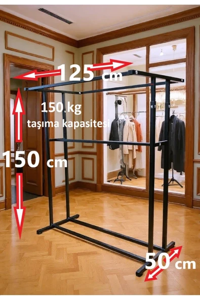 HOMEBELLA Premium 150 cm Çelik Konfeksiyon En 125 cm Elbise Askılık Tekerlekli Demonte Eşek Portmanto ürün görseli 1