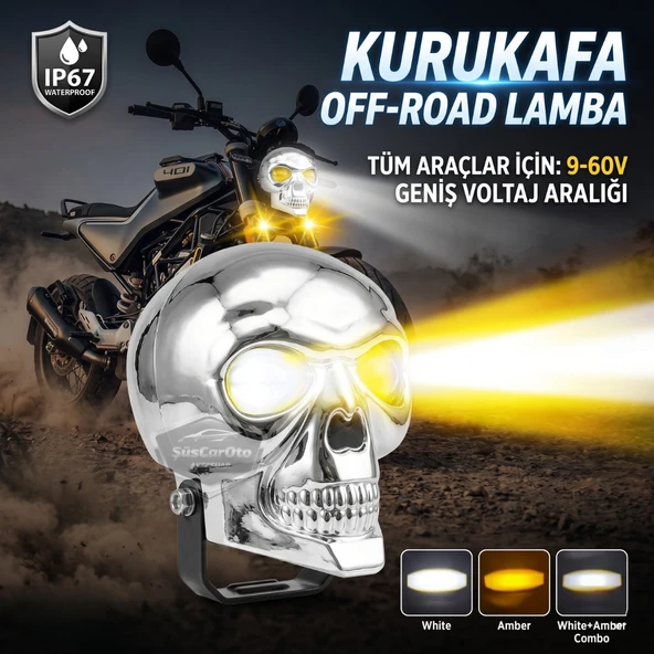 Universal Kurukafa Sis Farı Çakarlı Çift Renk Sarı-Beyaz 9-60V Kafatası Araç Motosiklet Off Road Led Lamba Delici Yayıcı Projektör 50W Metal Arazi Çalışma Lambası 1 Adet Krom ürün görseli 1