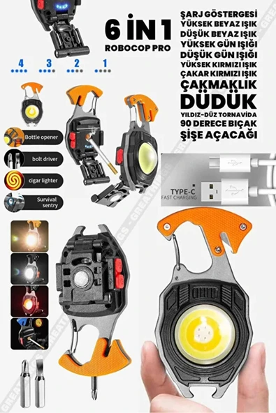 AskerlikPaketi Pro Kamp Feneri Çok Fonksiyonlu Fener Anahtarlık Usb Çakmaklı Cam Kırıcı Kemer Kesici ürün görseli 1