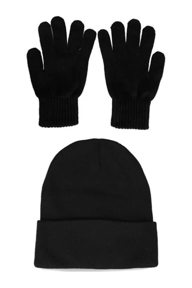 Basic Bere Ve Eldiven Kışlık Yün Unisex Siyah ürün görseli 1