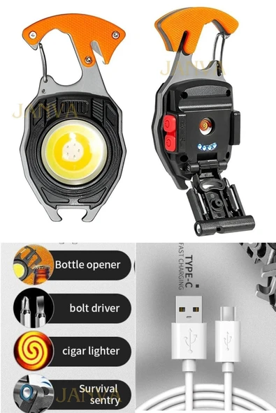 AskerlikPaketi Pro Kamp Feneri Çok Fonksiyonlu Fener Anahtarlık Usb Çakmaklı Cam Kırıcı Kemer Kesici Şarjlı ürün görseli 1
