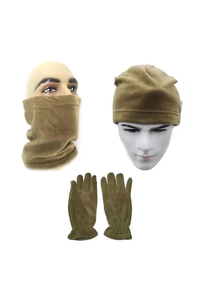 Eldiven Bere Boyunluk Bej Haki Polar 3 lü Set ürün görseli 1