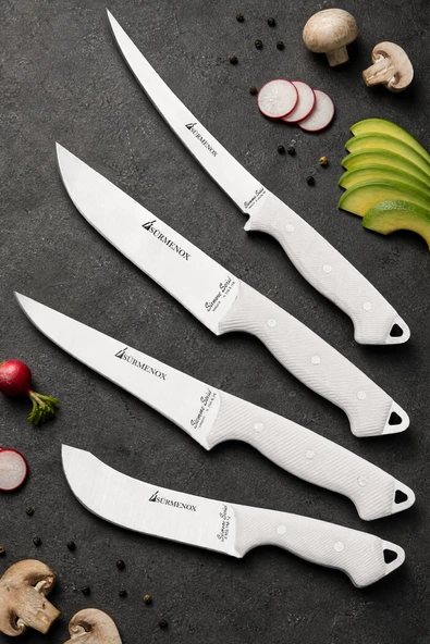 Sürmene Serisi 4 lü Mutfak Bıçak Seti Beyaz Verzalit Sap Kasap Et Ekmek Sebze Şef Bıçağı Steak Bıçak HDS-161 ürün görseli 1