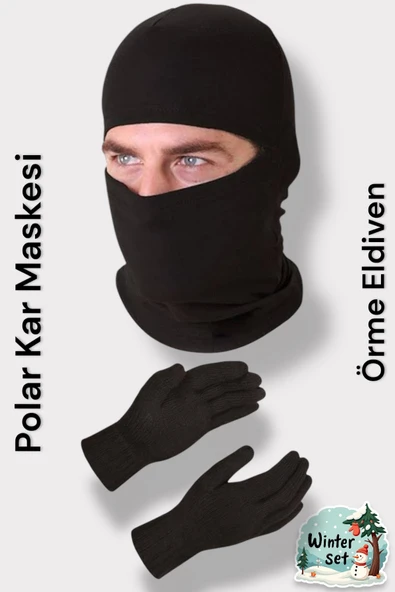 Erkek Siyah Termal Kışlık Kaliteli Polar Kar Maskesi ve Örme Erkek Eldiven Seti ürün görseli 1