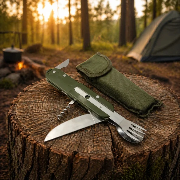 Knivox Çok Fonksiyonlu Paslanmaz Çelik Kamp Çakısı - Çatal Kaşık Açacaklı Outdoor Set ürün görseli 1