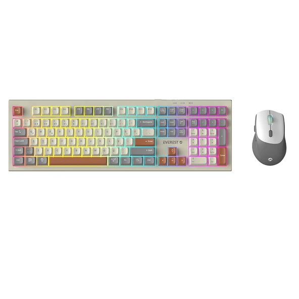 Everest KM-78 Rena KremGriKahve Kablosuz 2.4 + BT RGB Aydınlatmalı Sessiz Q Klavye Mouse Set ürün görseli 1