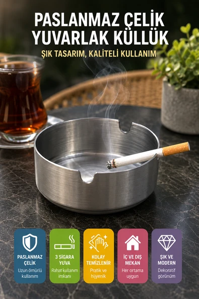 Paslanmaz Çelik Metal Küllük 8 cm Yuvarlak Masaüstü Küllük Mat Gümüş Dekoratif Modeli ürün görseli 1