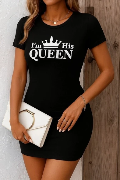 Kadın Kısa Kollu Queen Baskı Iki Iplik Mini Elbise ürün görseli 1