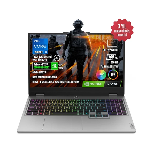 Loq 17IRX10 83JH006DTR-8 I7-13650HX 32GB Ddr5 1tb SSD RTX5060 8gb 17.3" IPS 165Hz Freedos Taşınabilir Bilgisayar ürün görseli 1