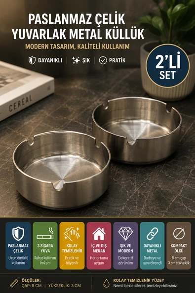 2'li Set Paslanmaz Çelik Metal Küllük 8 cm Yuvarlak Masaüstü Küllük Mat Gümüş Dekoratif Modeli ürün görseli 1