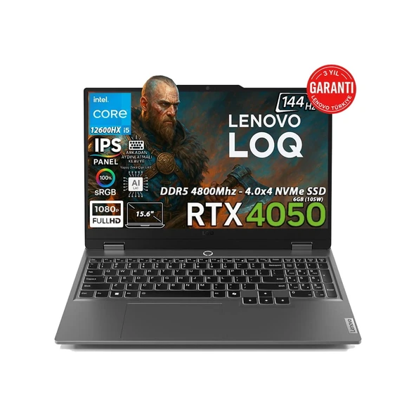 LOQ 15IAX9 Intel Core I5-12600HX 32GB 2TB SSD RTX™ 4050 6GB (105W) 15.6" FHD IPS Panel 144Hz Freedos Taşınabilir Bilgisayar 83GS00PFTRN5 ürün görseli 1