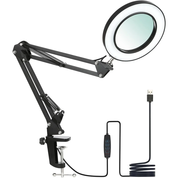 8x Büyüteçli LED 360 Derece Ayarlanabilir Masa Lambası 3 Renk Modlu Metal Esnek Kelepçeli ürün görseli 1