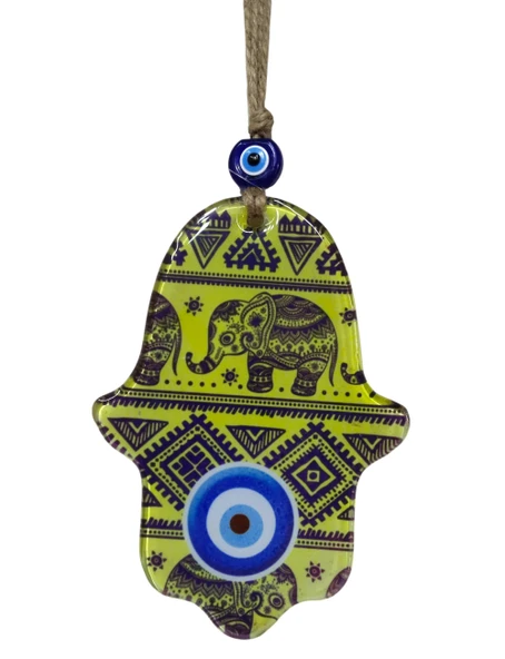 10x15 cm Cam Fatma Ana Eli Duvar Süsü - Filli ve Nazarlık Motifli Otantik Duvar Dekoru - Jüt İpli Sarı Hamsa Eli Ev Hediyesi ürün görseli 1
