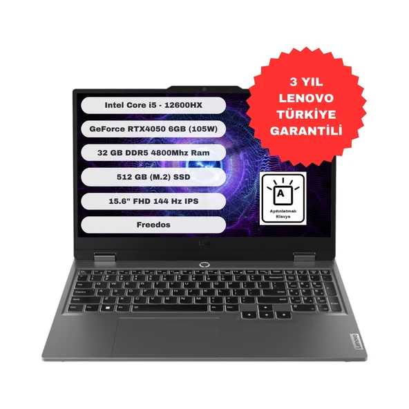 Loq 15IAX9 GTI32 Intel Core I5 12600HX 32GB 512GB SSD RTX4050 Freedos 15.6'' Fhd Taşınabilir Bilgisayar 83GS00PETR ürün görseli 1