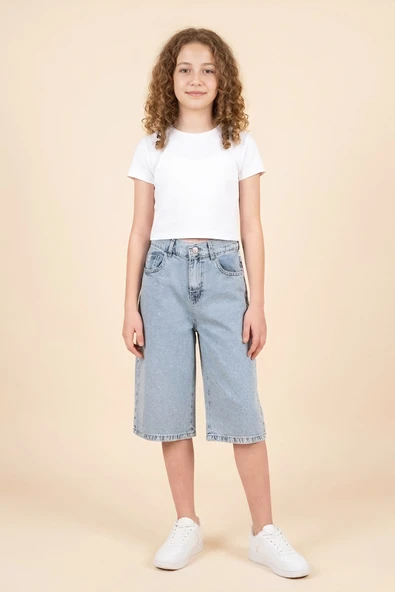 Kız Çocuk Taş Desenli Kapri Jean Pantolon 5-15 Yaş 12672SK ürün görseli 1