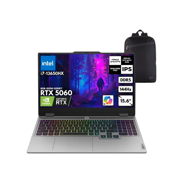 Loq 15IRX10 I7-13650HX 16-Gbddr5 2 Tbssd RTX5060 (8GB-100W-GDDR7) 15.6" IPS 144Hz Freedos + Hmf Sırt Çantası 83JE00J5TRHMF8 ürün görseli 1