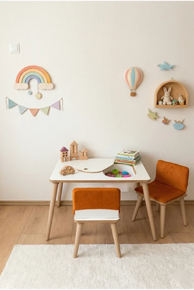 POFİTTO Montessori Çocuk Masası-oyun Masası-aktivite Masası-etkinlik Masası Takımı 2 Turuncu Sandalye ürün görseli 1