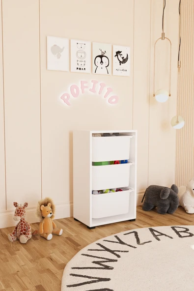 POFİTTO 3 Derin Sepetli Dolap Oyuncak Dolabı Çok Amaçlı Mutfak Kiler Banyo Dolabı Beyaz ürün görseli 1