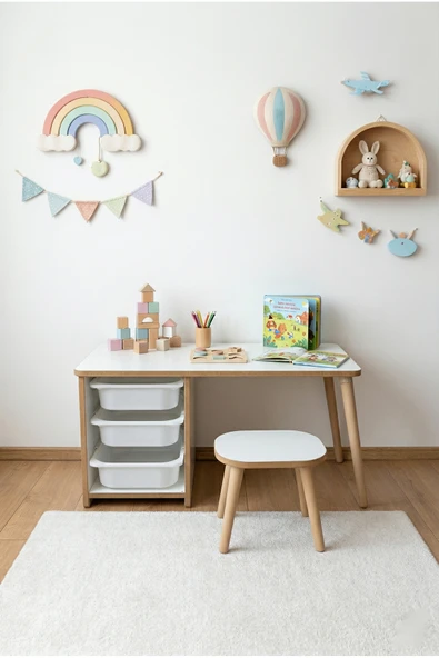 POFİTTO Çocuk Masa Takımı 90x45 Cm 3 Sepetli Çocuk Çalışma Masası Aktivite Masası Yaz-sil 1 Adet Tabureli ürün görseli 1