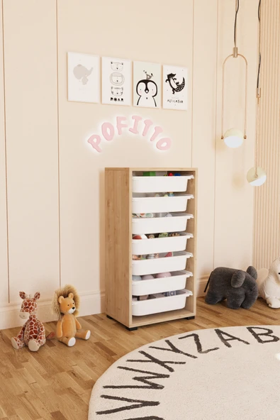 POFİTTO 7 Sepetli Dolap Oyuncak Dolabı Çok Amaçlı Mutfak Kiler Banyo Dolabı Safir Meşe ürün görseli 1