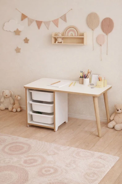 POFİTTO Çocuk Masası 90x45 Cm 3 Sepetli Çocuk Çalışma Masası Aktivite Masası Yaz-sil ürün görseli 1