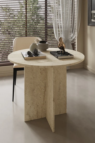 POFİTTO Elegance Mutfak Masası 90 cm Yuvarlak İskandinav Stili Yemek Masası - Traverten Görünümlü ürün görseli 1