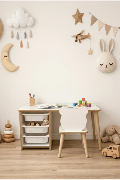 POFİTTO Çocuk Masa Sandalye Takımı-3 Sepetli Çocuk Çalışma Masası Aktivite Masası Yaz-sil Panda Sandalye ürün görseli 1