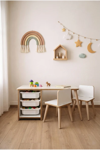 POFİTTO Çocuk Masa Sandalye Takımı 90x45 Cm 3 Sepetli Çocuk Çalışma Ve Aktivite Masası Yaz-sil,2 Sandalyeli ürün görseli 1