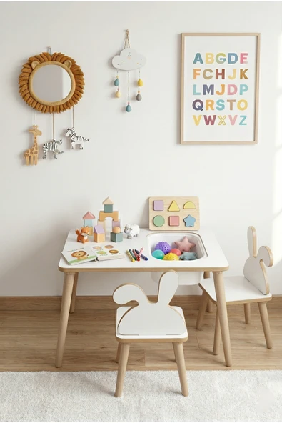 POFİTTO Montessori Çocuk Masası-oyun Masası-aktivite Masası-etkinlik Masası Takımı 2 Tavşan Sandalye ürün görseli 1