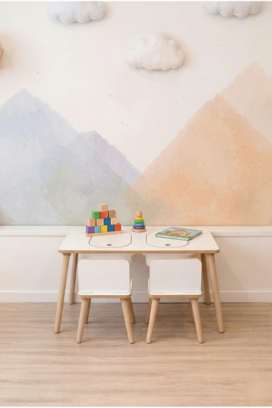 POFİTTO Montessori Çocuk Masası-oyun Masası-aktivite Masası-çalışma Masası-etkinlik Masası 2 Sandalye ürün görseli 1