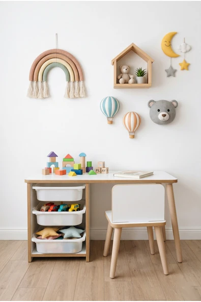POFİTTO Çocuk Masa Sandalye Takımı 90x45 Cm 3 Sepetli Çocuk Çalışma Masası Aktivite Masası Yaz-sil ürün görseli 1
