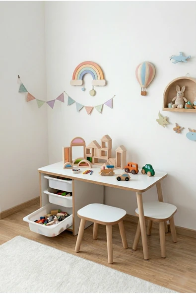 POFİTTO Çocuk Masa Sandalye Takımı 90x45 Cm 3 Sepetli Çocuk Çalışma Ve Aktivite Masası Yaz-sil,2 Tabureli ürün görseli 1