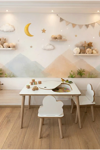 POFİTTO Montessori Çocuk Masası-oyun Masası-aktivite Masası-etkinlik Masası Takımı 2 Bulut Sandalye ürün görseli 1