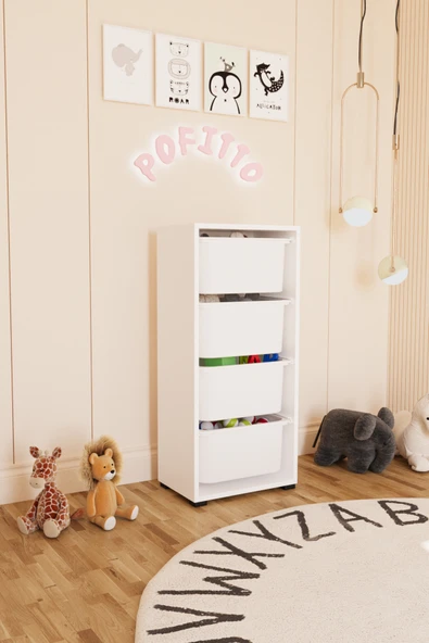 POFİTTO 4 Derin Sepetli Dolap Oyuncak Dolabı Çok Amaçlı Mutfak Kiler Banyo Dolabı Beyaz ürün görseli 1