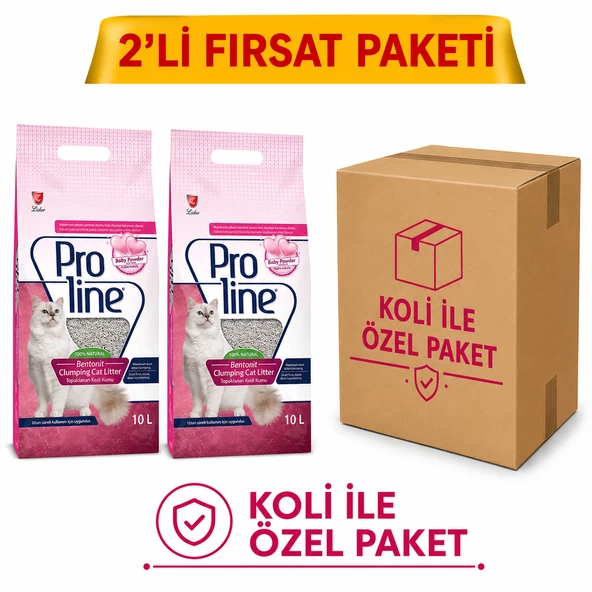PROLİNE BEBEK PUDRALI KEDİ KUMU 10LT*2 ÖZEL KOLİ PAKET ürün görseli 1