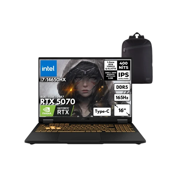 Tuf F16 I7-14650HX 32-Gbddr5 1 Tbssd RTX5070 (8GB-115W-GDRR7) 16" Wqxga 165Hz Windows 10 Home + Hmf Sırt Çantası FX608JPR-QT070HMF64 ürün görseli 1
