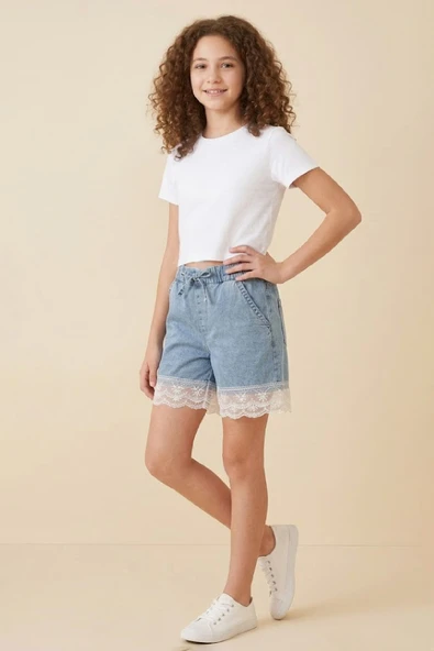 Kız Çocuk Tül Dantelli Ve Beli Lastikli Jean Şort 2-12 Yaş 12674SK ürün görseli 1