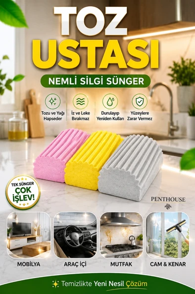 3 Adet Nemli Silgi Sünger - Toz Ustası - Çok Amaçlı Temizlik Toz Süngeri ürün görseli 1