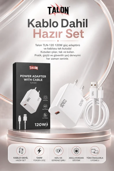 Turbo Şarj Destekli 120W Adaptör Ve Kablo Seti Telefon Uyumlu Pratik Kullanım ürün görseli 1