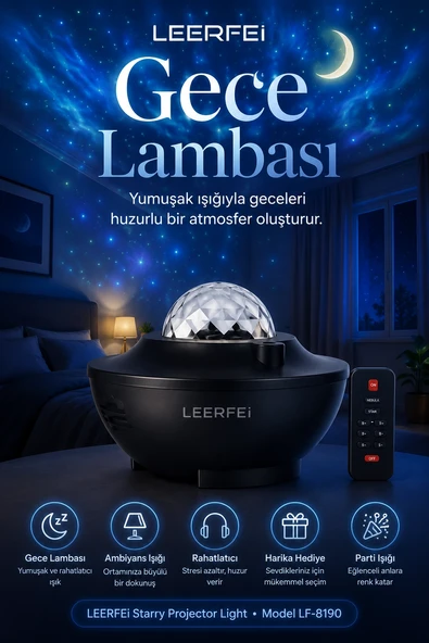 Kumandalı Galaksi Yıldız Projektör Gece Lambası FM Radyolu Parti Işığı Özellikli ürün görseli 1