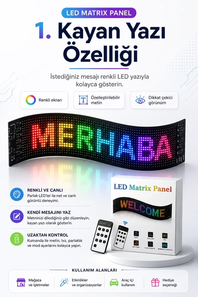 Kumandalı LED Matrix Panel Kayan Yazı Tabelası Renkli Mesaj Ve Saat Gösterimli ürün görseli 1