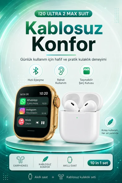 Bluetooth Uyumlu Akıllı Saat Ve Kablosuz Kulaklık Günlük Kullanıma Uygun Set ürün görseli 1